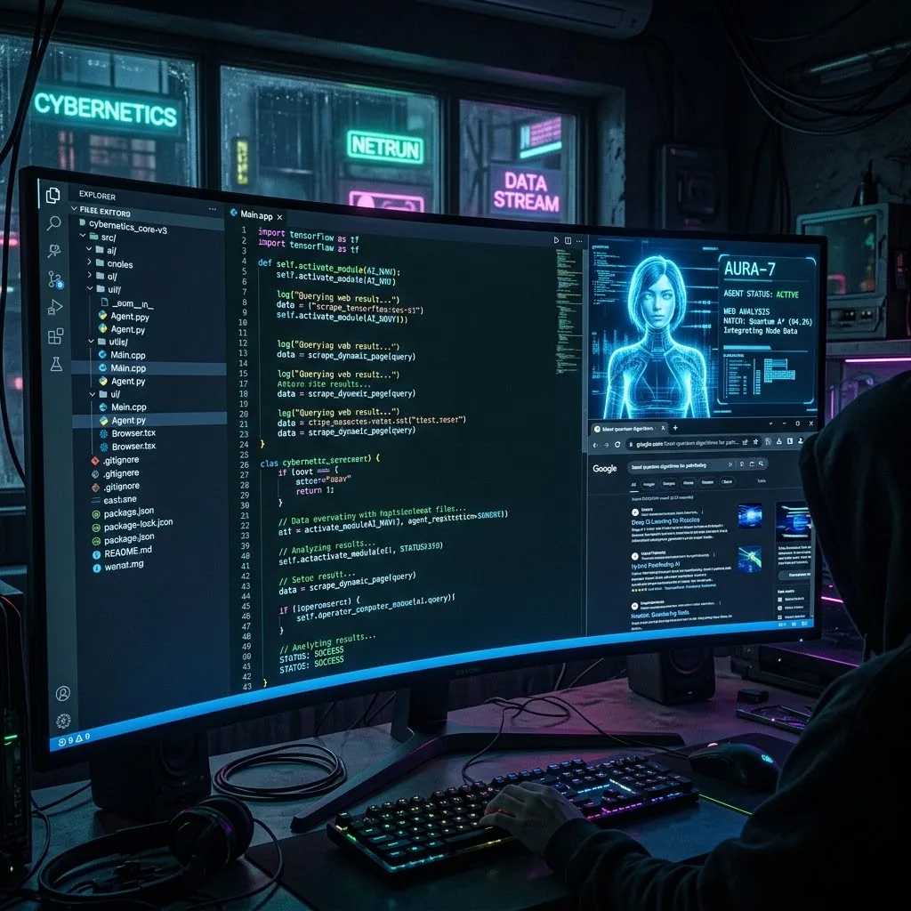 Entorno de desarrollo oscuro de alta tecnología generando código e integrando el agente web holográfico