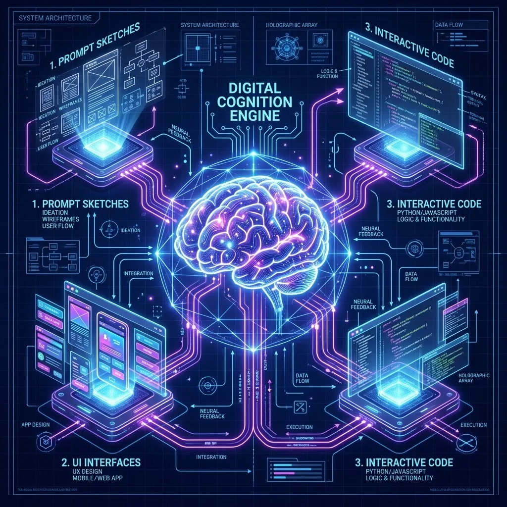 Ilustración conceptual estilo blueprint o plano arquitectónico moderno del ecosistema agéntico