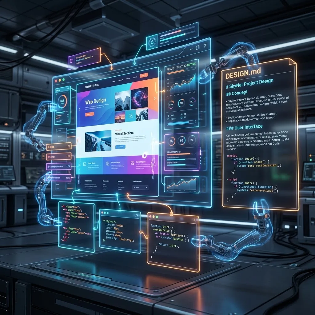 Interfaz gráfica futurista siendo ensamblada revelando el archivo DESIGN.md